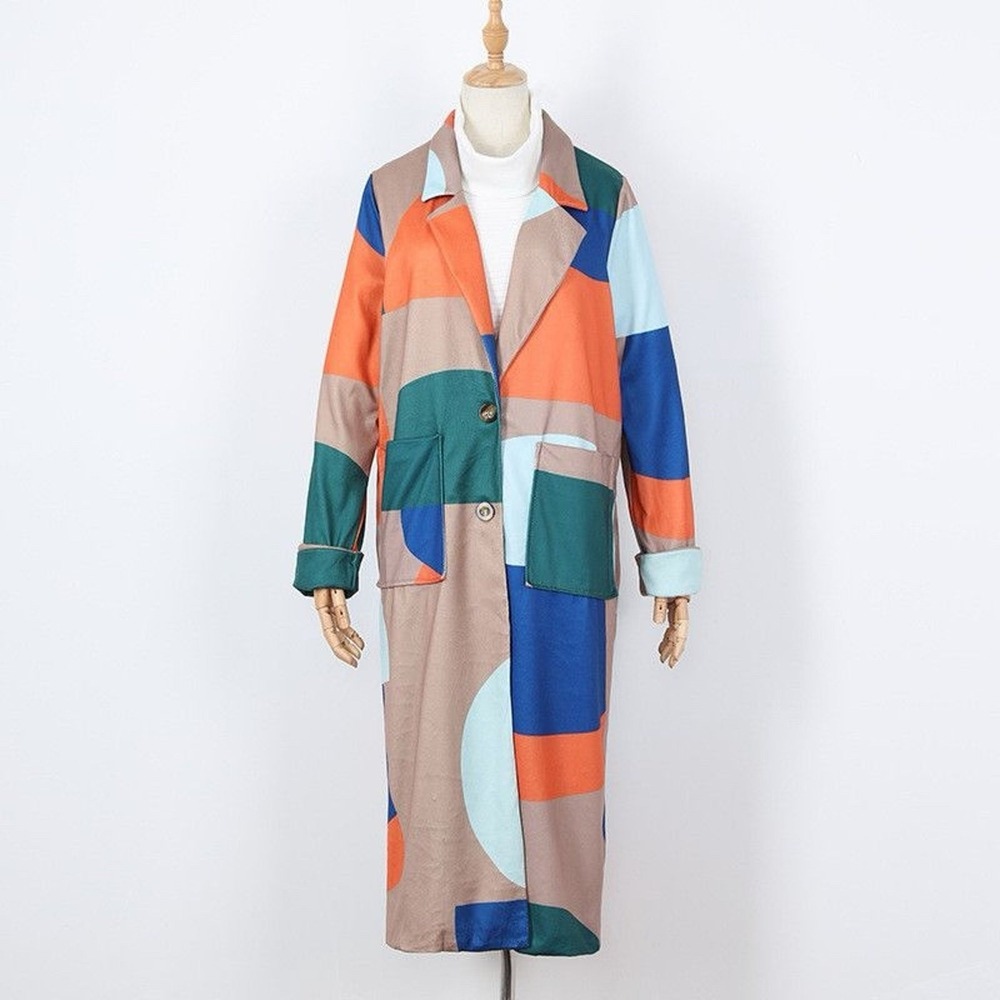 Long Sleeve Patchwork Coat Winter Outerwear Long Sweater Trench Overcoat, Medium